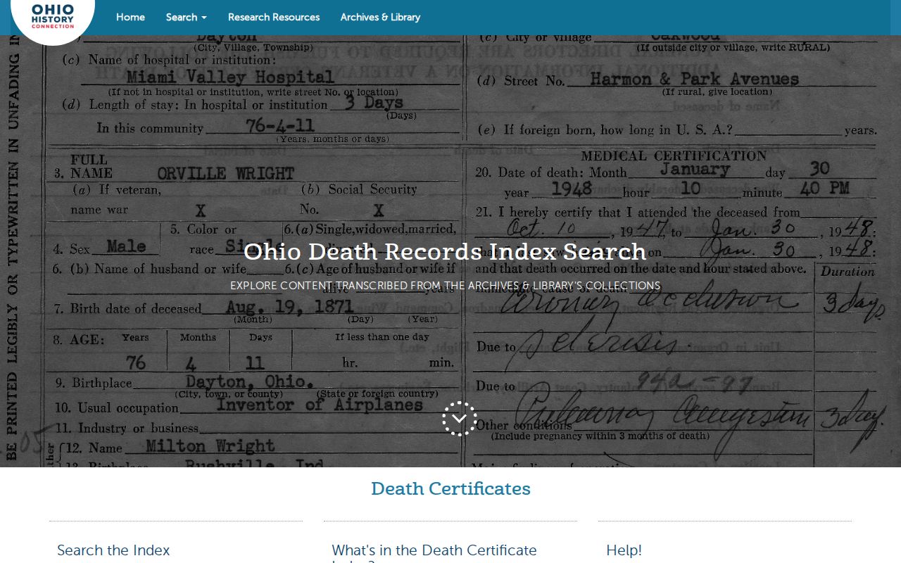 Westlake resident lookup using the Ohio historical death record index